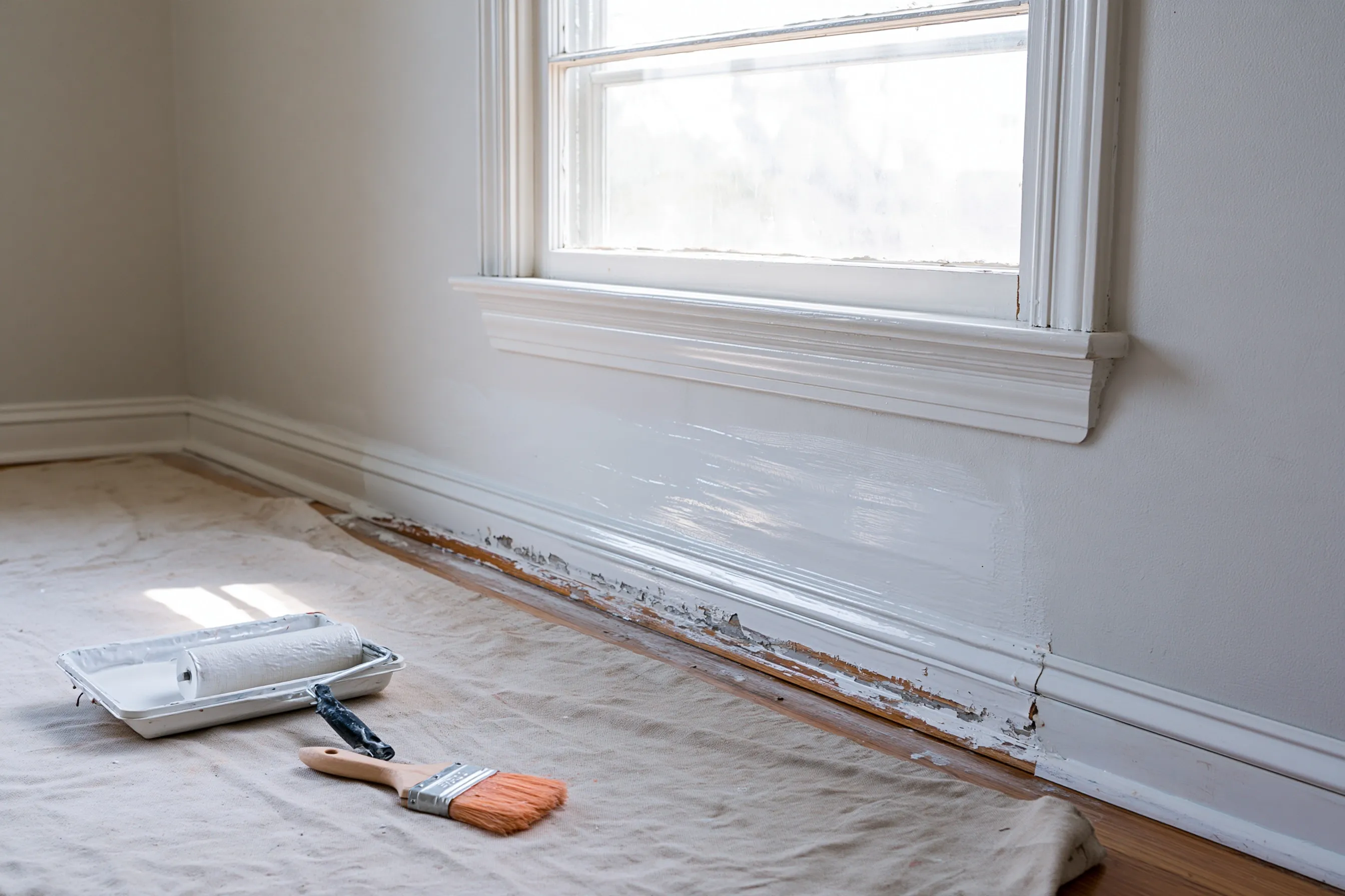 Painted wood baseboard being coated with thick encapsulant paint, roller and tray on a drop cloth