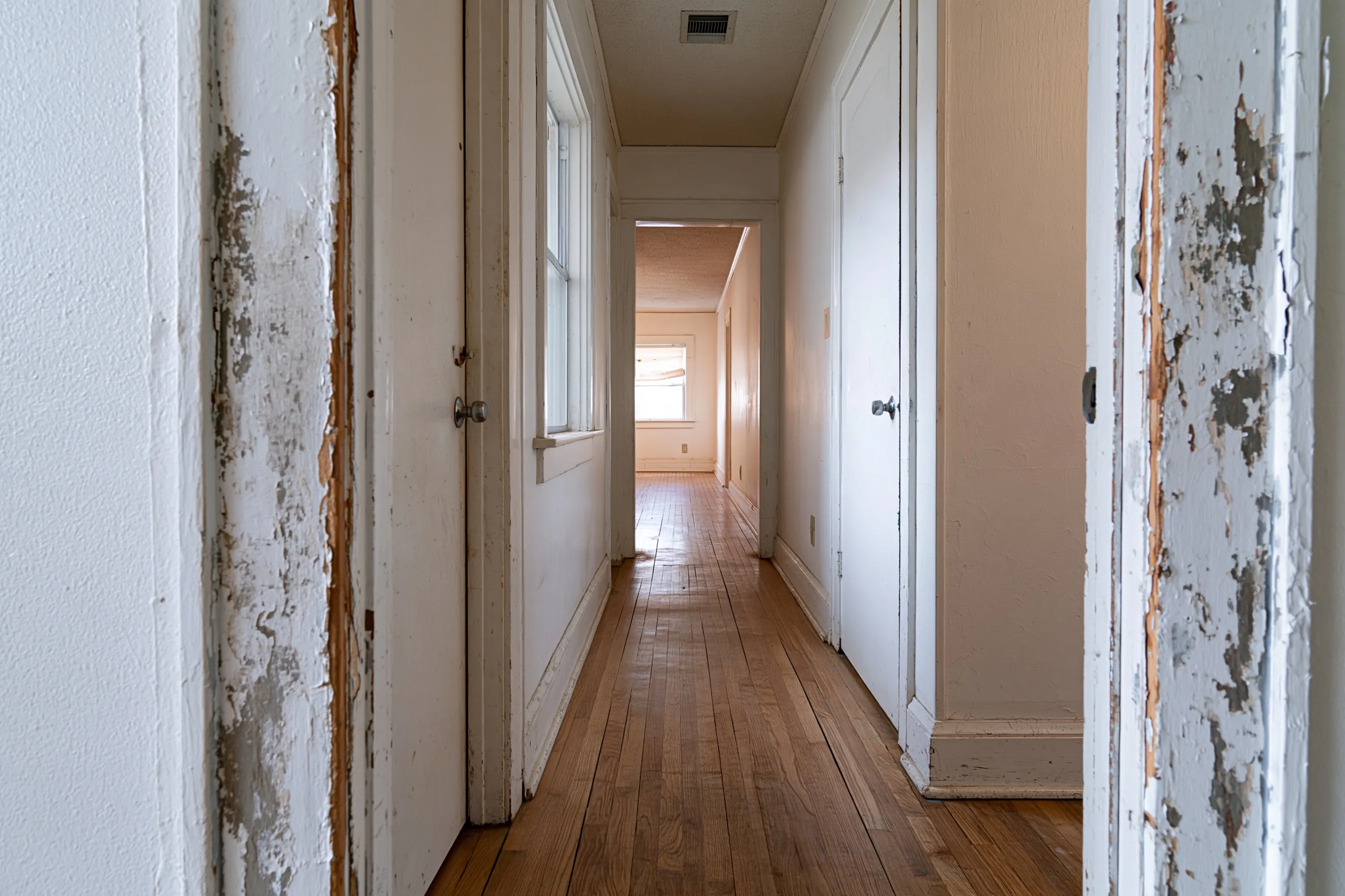 House interior with painted wood door frames, baseboards and window trim showing worn paint