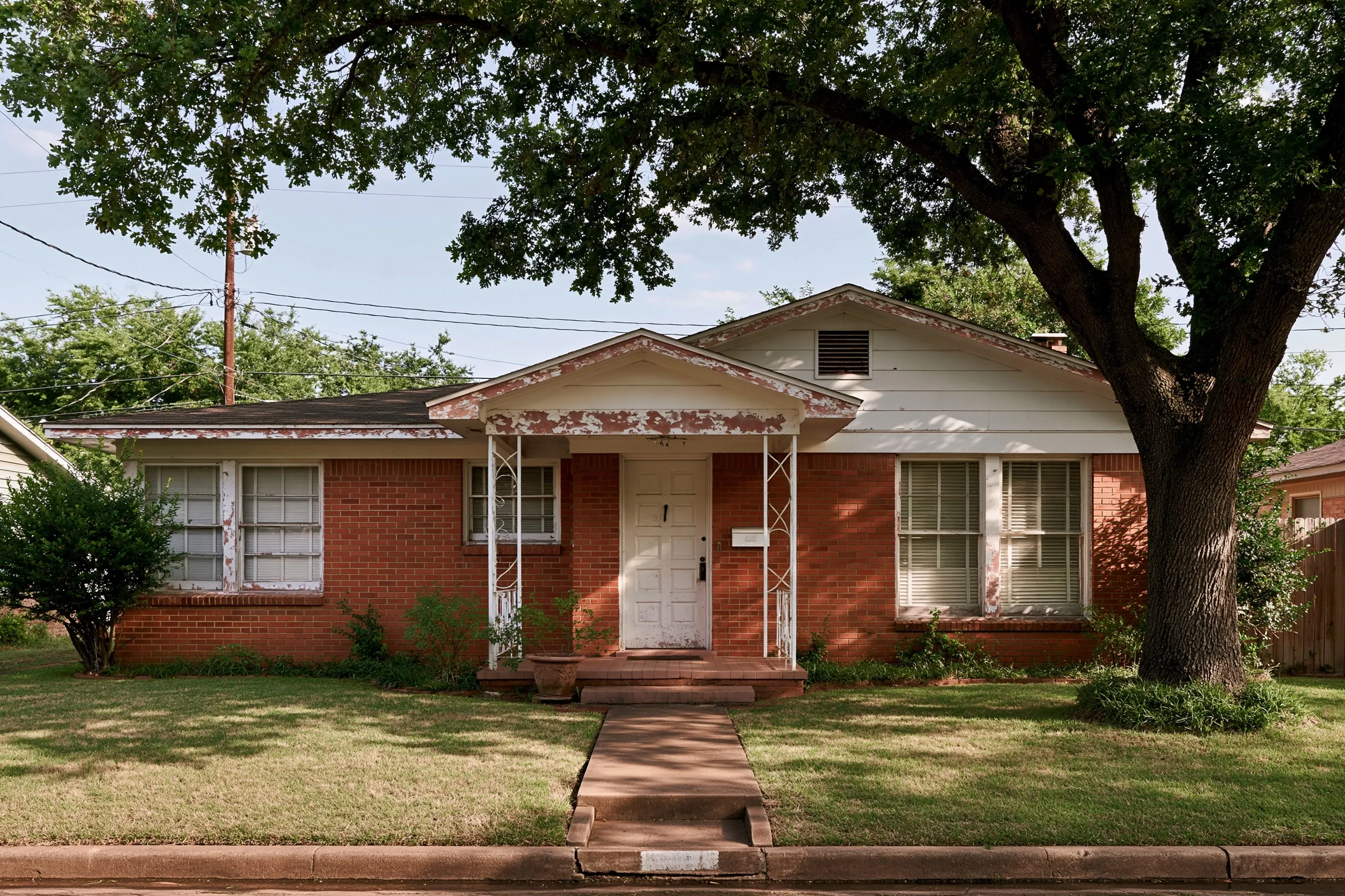 Brick ranch house under a big oak tree, its white gable and porch trim flaking