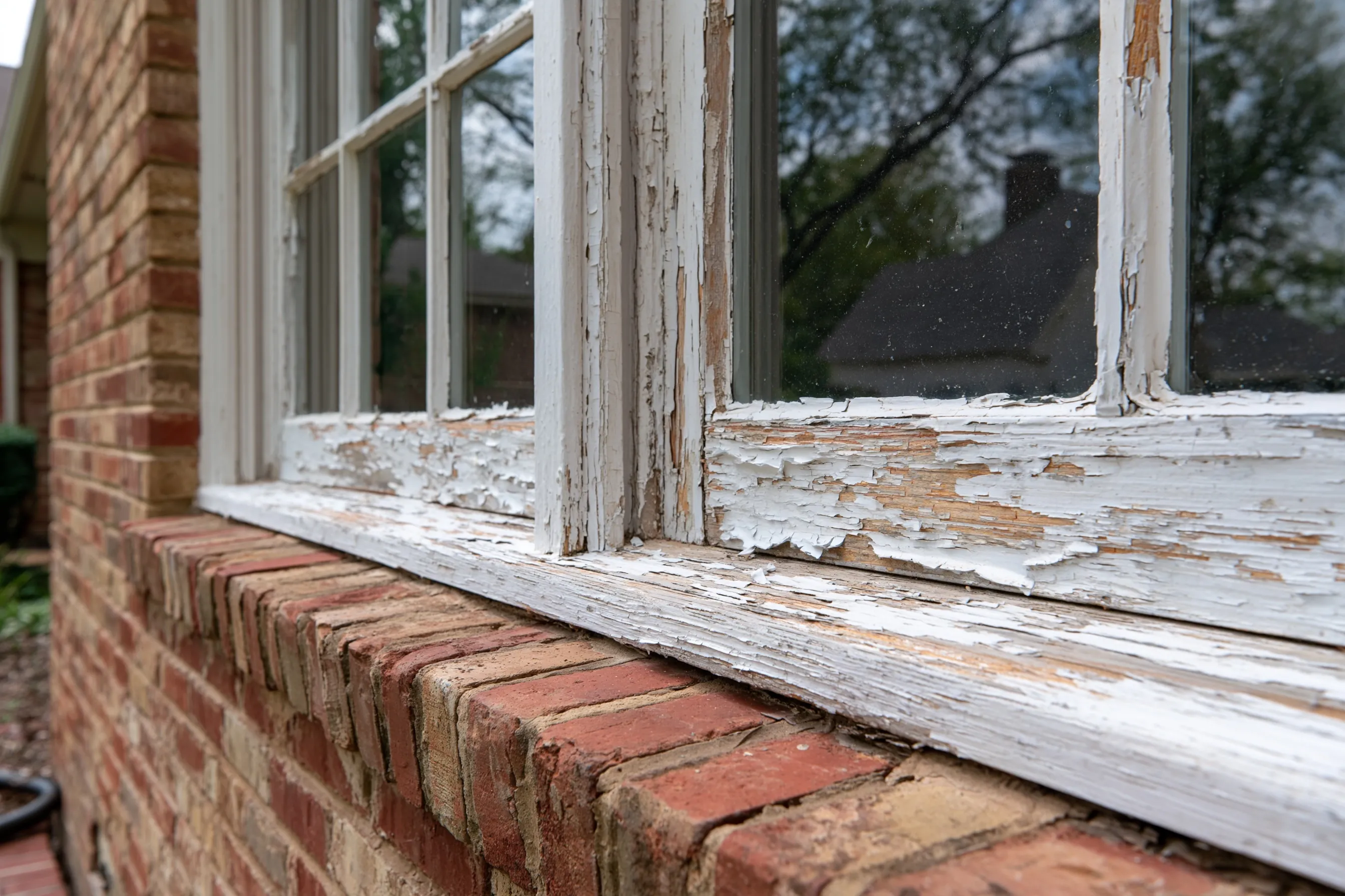 Original painted wood double-hung windows with chipped paint on a brick North Texas house