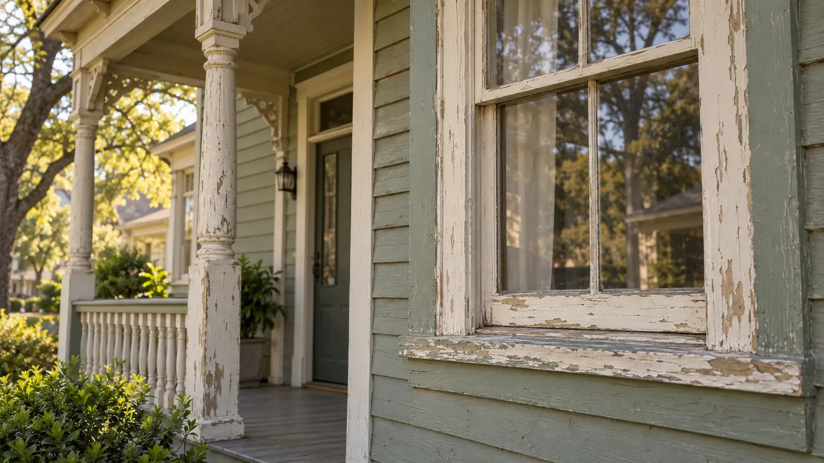 Older frame house porch with turned columns and a window sash and sill shedding layers of paint
